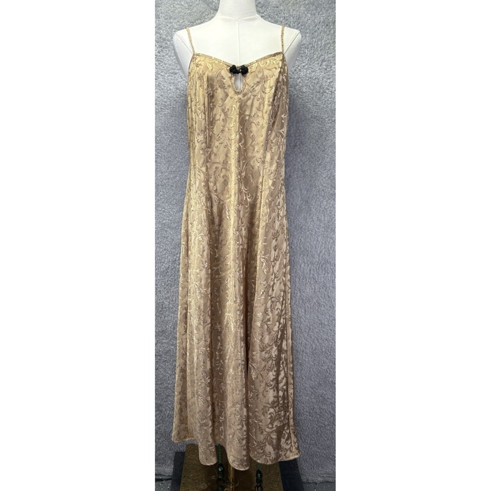 Vtg Delicates Satin Maxi Nightgown Womens M Gold Damask Jacquard Brocade Gown
